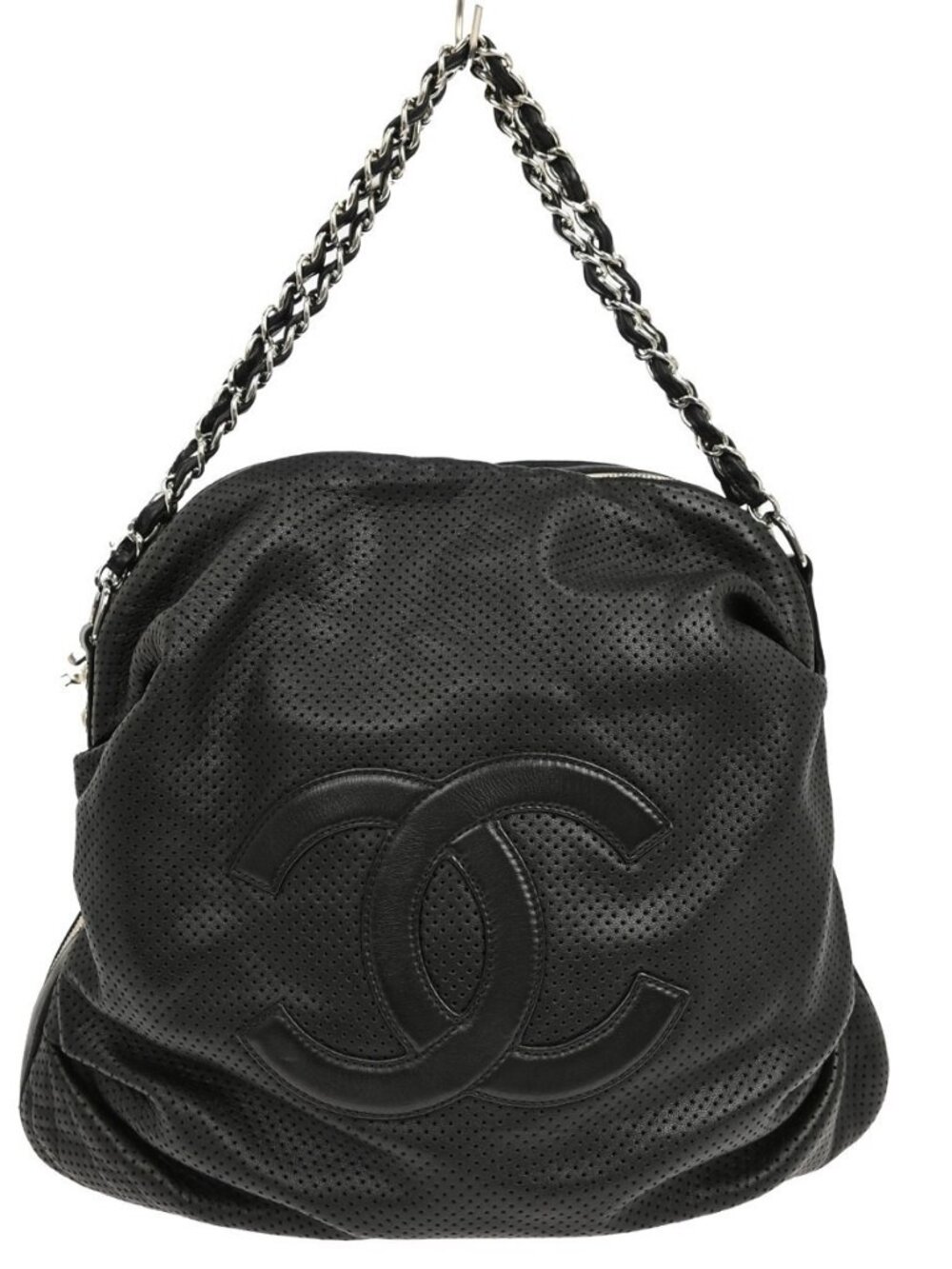 Chanel Black Perforated Lambskin Baseball Spirit Ligne Hobo Handbag RQ047